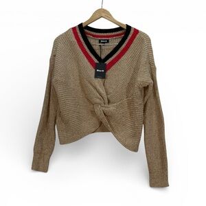 Blue B Chenille Knit Twist Front Sweater M/L Brown Cropped V-Neck Long Sleeve